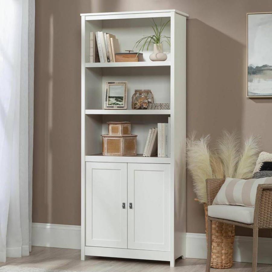 Sauder Rustic Cedar Bookcase with Adjustable Shelves and Storage Doors – Granite Trace Library Bookshelf