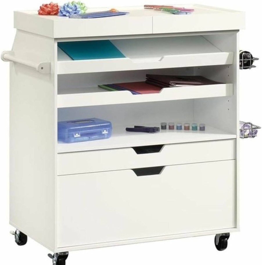 Sauder Craft Pro Series Mobile Craft Cart with Storage Shelves, Soft White Finish, Rolling Workstation for Craft Supplies