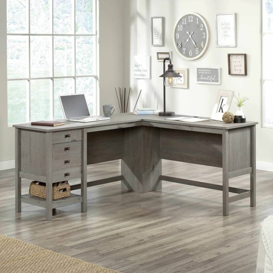 Sauder Salt Oak Home Office Desk with Hutch & Keyboard Tray - Harbor View Computer Workstation