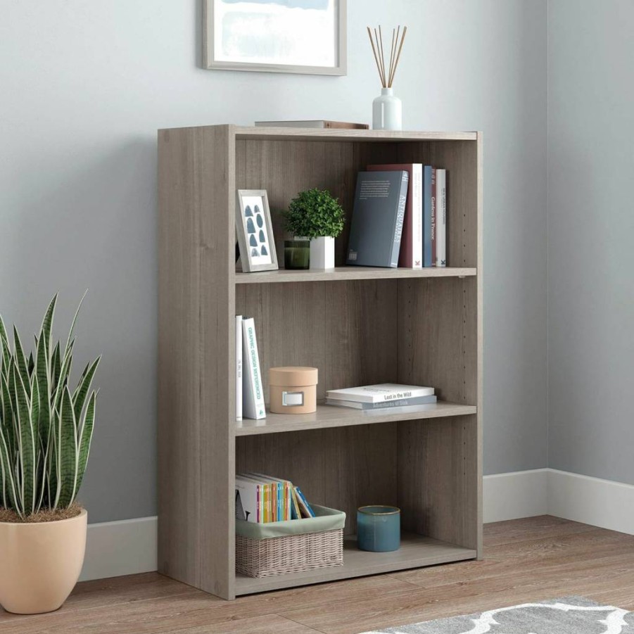 Sauder Beginnings 3-Shelf Bookcase in Silver Sycamore - Adjustable Storage Shelves for Home & Office Organization