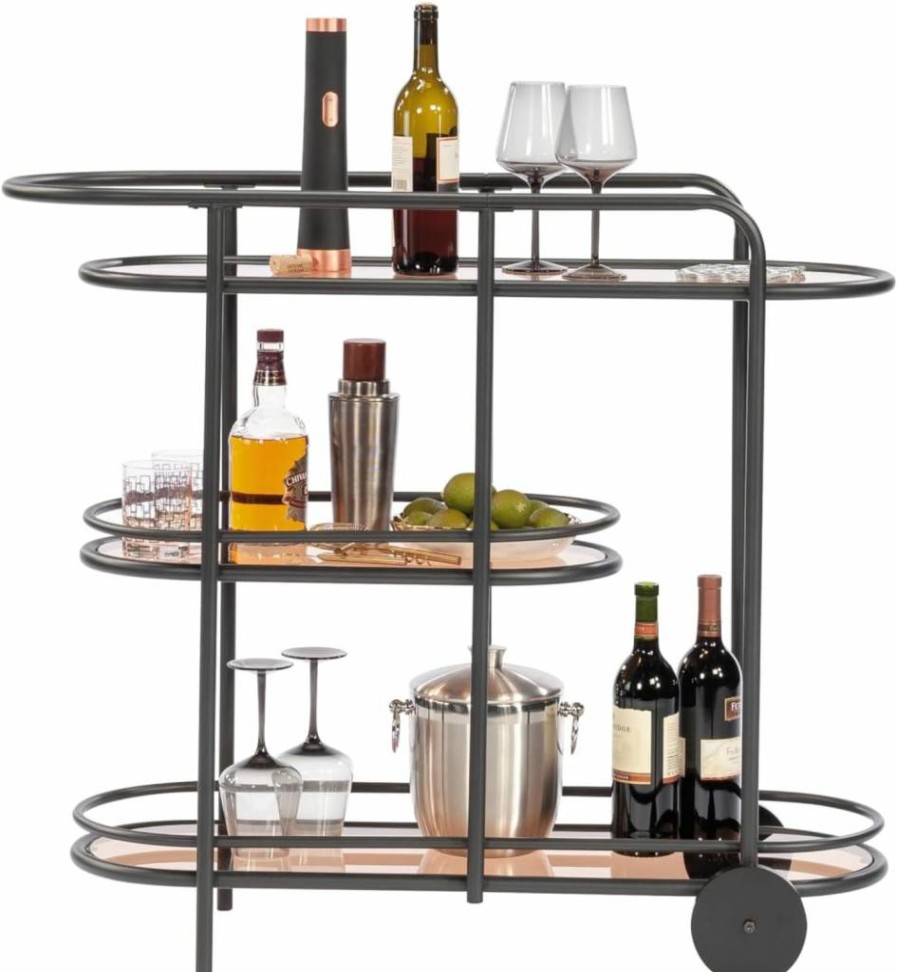 Sauder Black Coral Cape Bar Cart with Glass Shelf - Modern Rolling Metal Bar Cart for Home Decor