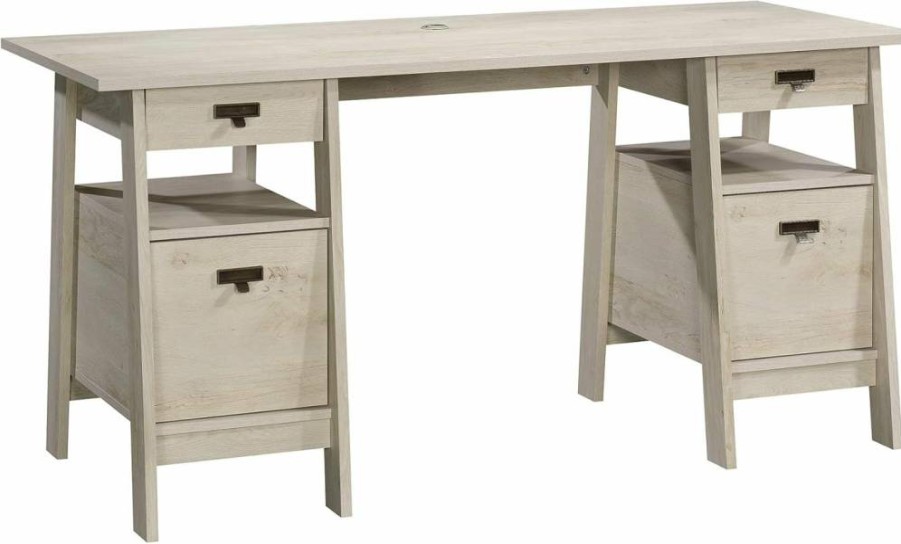 Sauder Trestle Executive Desk with Drawers, File Cabinet, Shelves & Cable Management - Chalked Chestnut Finish Writing Office Desk