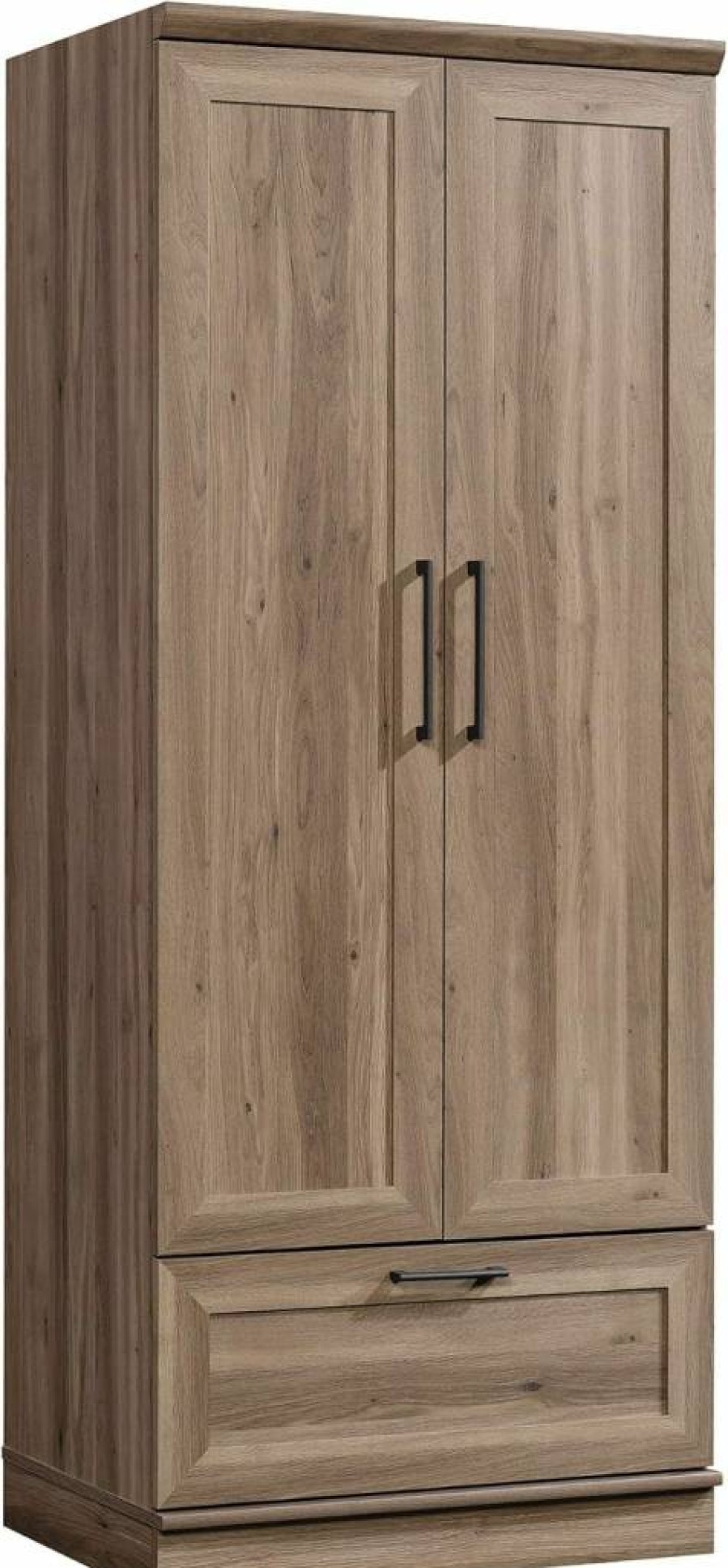 Sauder Salt Oak HomePlus Armoire Wardrobe - Bedroom Closet with Hanging Rail, Storage Drawer & Pantry Cabinet for Organized Clothes Storage