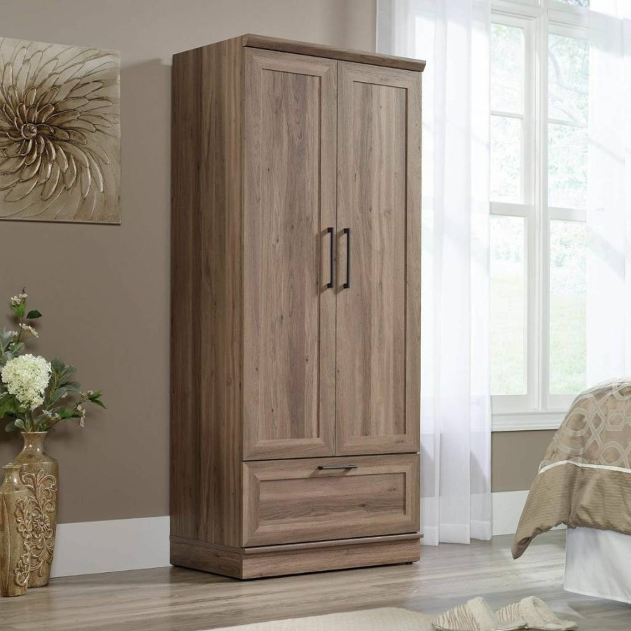 Sauder Salt Oak HomePlus Armoire Wardrobe - Bedroom Closet with Hanging Rail, Storage Drawer & Pantry Cabinet for Organized Clothes Storage