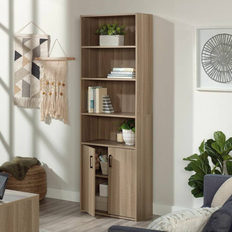 Sauder Beginnings 5-Shelf Bookcase with Doors - Summer Oak Finish, Storage Cabinet for Home Office