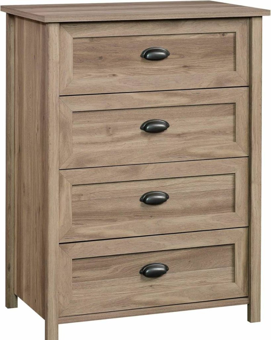 Sauder County Line 4-Drawer Dresser, Salt Oak Finish, 32.21" Wide Chest of Drawers for Bedroom Storage