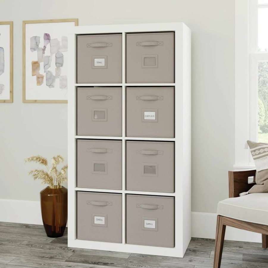 Sauder White 8-Cube Storage Organizer with Fabric Bins | Stow-Away Cube Shelf | Pantry Cabinet & Closet Organizer