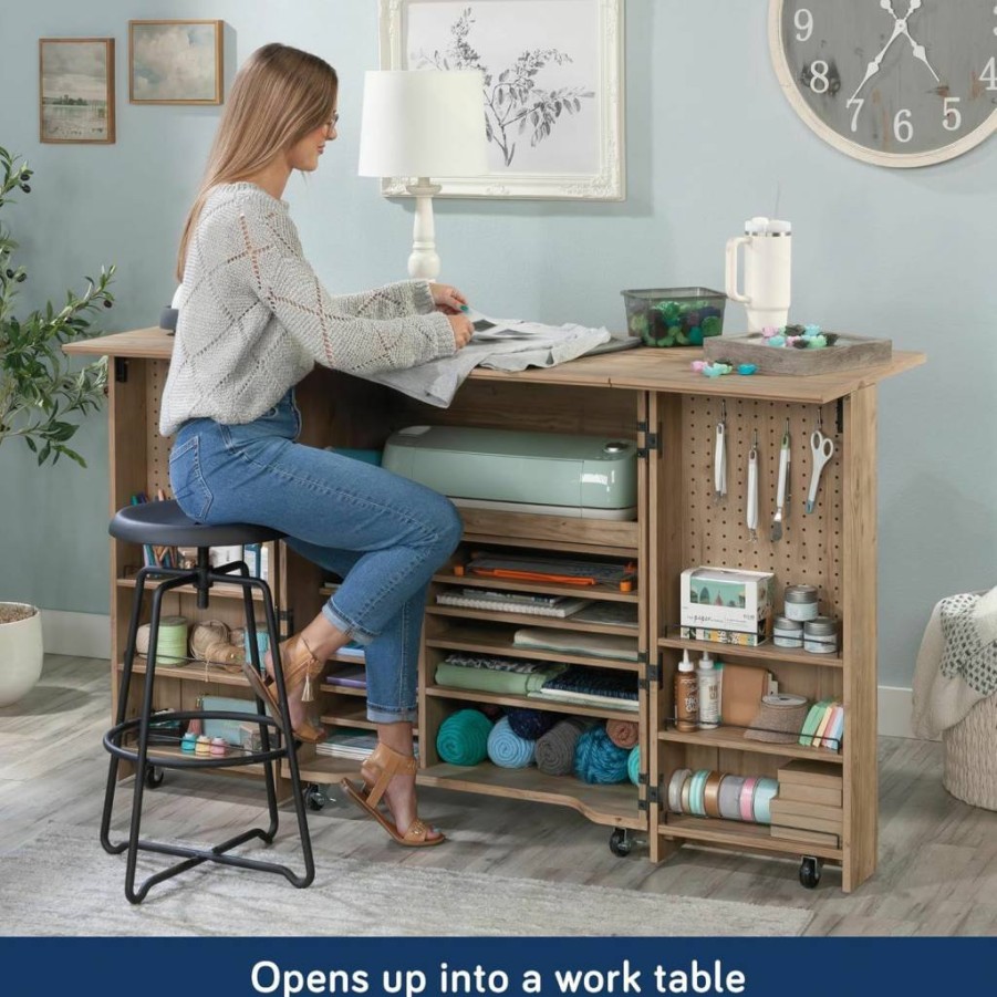 Sauder Craft Works Mobile Craft Cart with Storage - Khaki Pine Finish, Rolling Organizer for Art Supplies