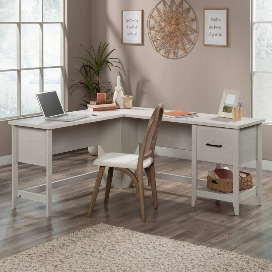 Sauder Summit Station L-Shaped Corner Desk with Drawer, Open Shelf, and Storage for Home Office in Pebble Pine Finish