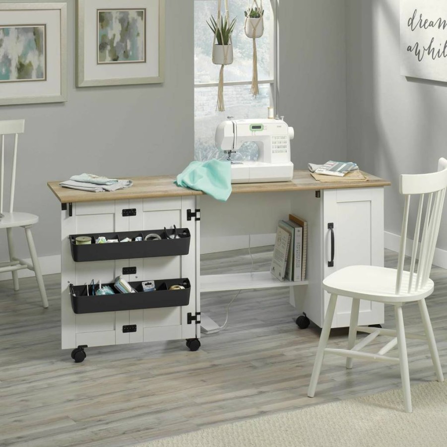 Sauder Craft Cart Rolling Storage Cabinet with Expandable Sewing Table, Mystic Oak Finish for Craft Room Organization