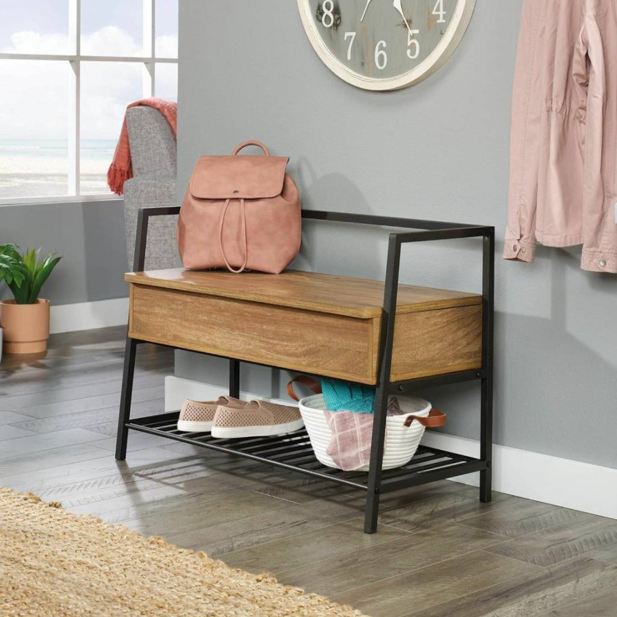 Sauder North Avenue Entryway Bench with Hidden Storage Shelf, Sindoori Mango Finish, Shoe Storage Bench for Hallway
