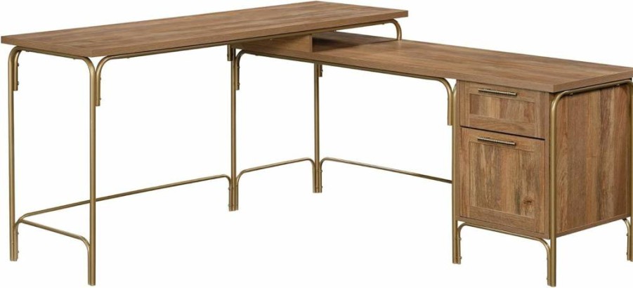 Sauder L-Shaped Corner Desk with Spacious Desktop and File Drawer, Coral Cape Design in Sindoori Mango Finish for Home Office