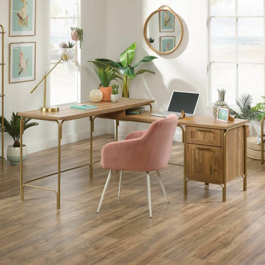 Sauder L-Shaped Corner Desk with Spacious Desktop and File Drawer, Coral Cape Design in Sindoori Mango Finish for Home Office
