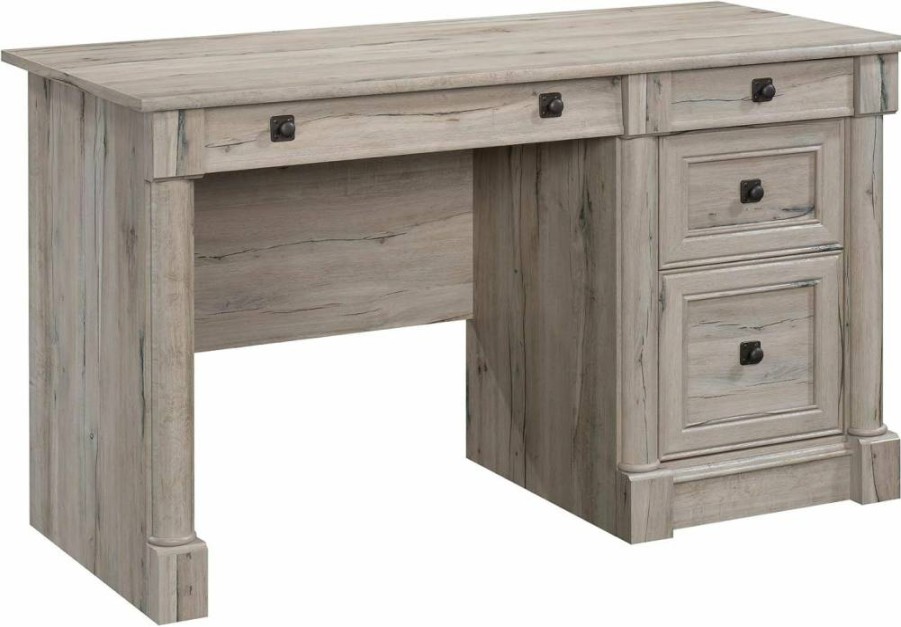 Sauder Palladia Home Office Desk with File Cabinet, Keyboard Tray, Cable Management, and Storage Drawers in Split Oak Finish