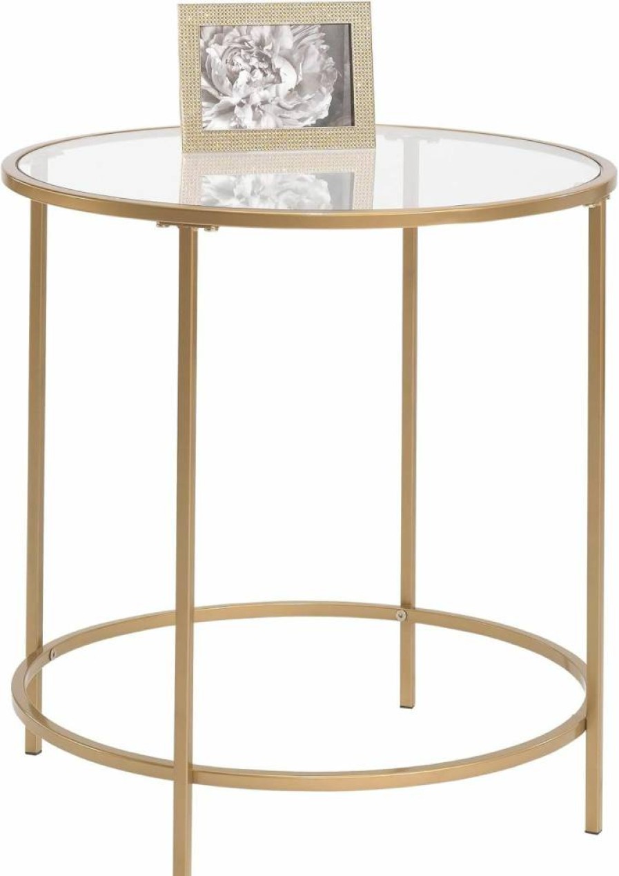 Sauder Lux Round Side Table with Satin Gold Finish - Modern International Design Accent Table