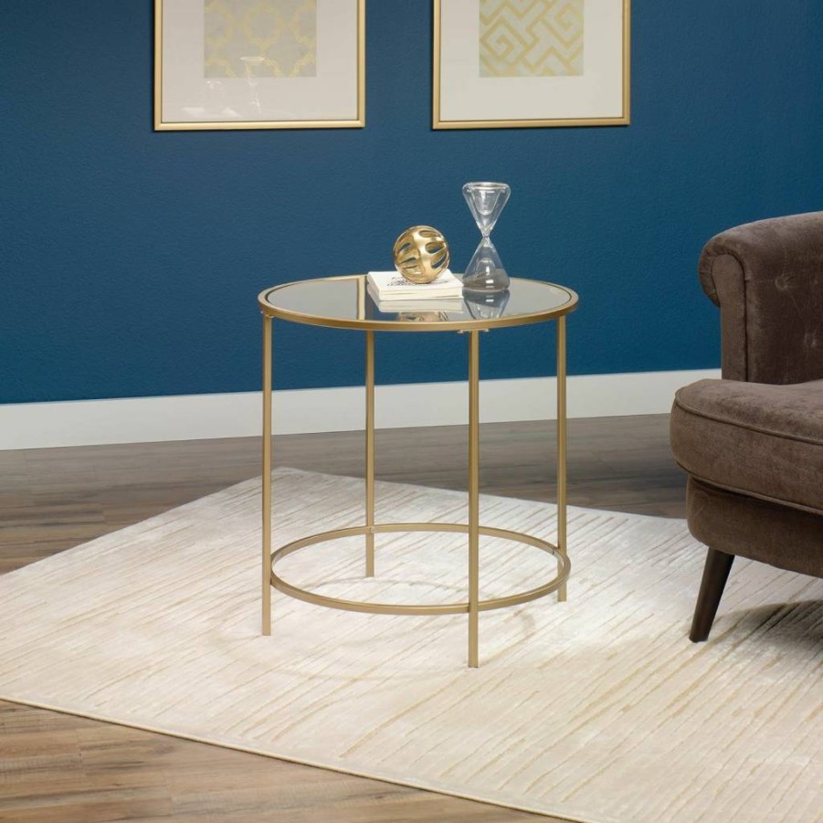 Sauder Lux Round Side Table with Satin Gold Finish - Modern International Design Accent Table