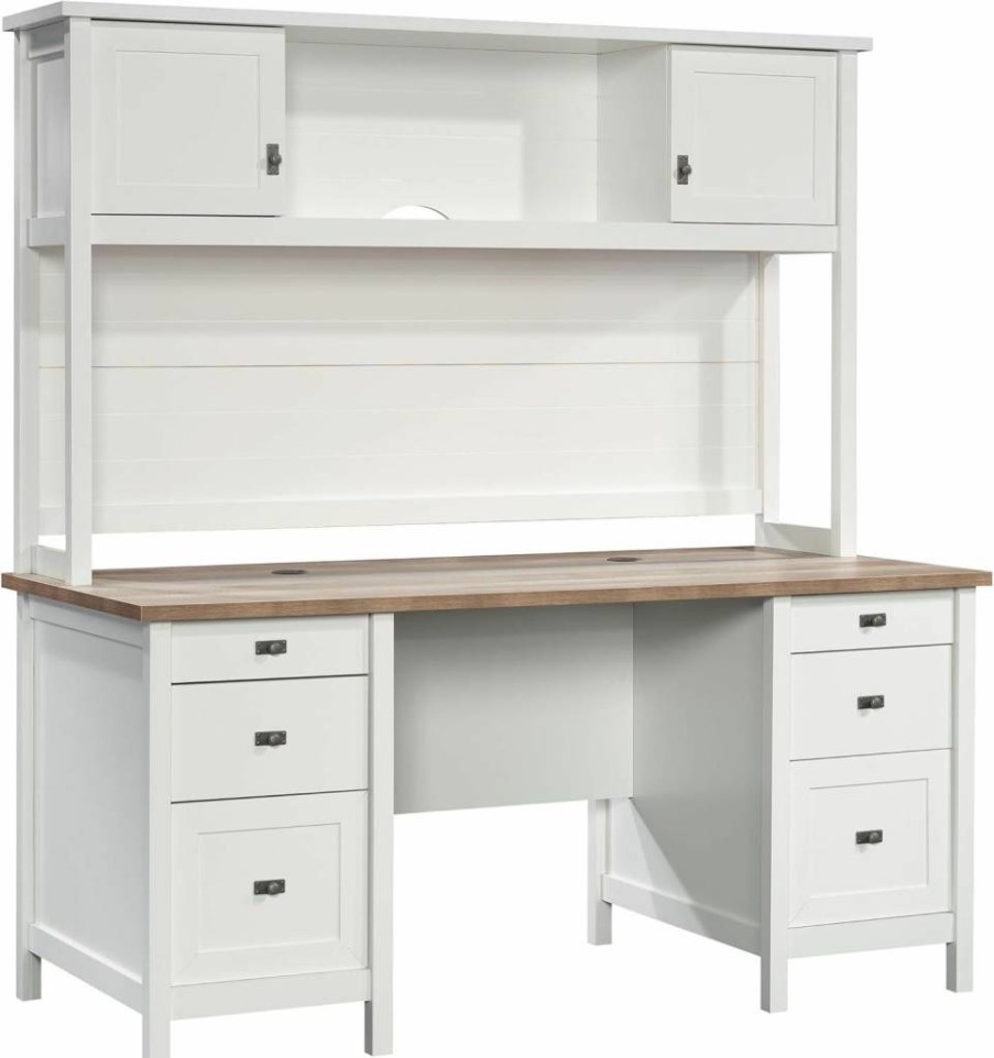 Sauder White Cottage Road Executive Desk with Hutch - Stylish Home Office Furniture