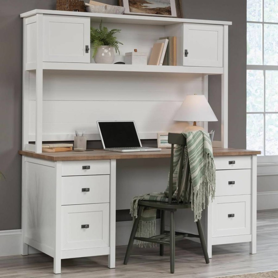 Sauder White Cottage Road Executive Desk with Hutch - Stylish Home Office Furniture