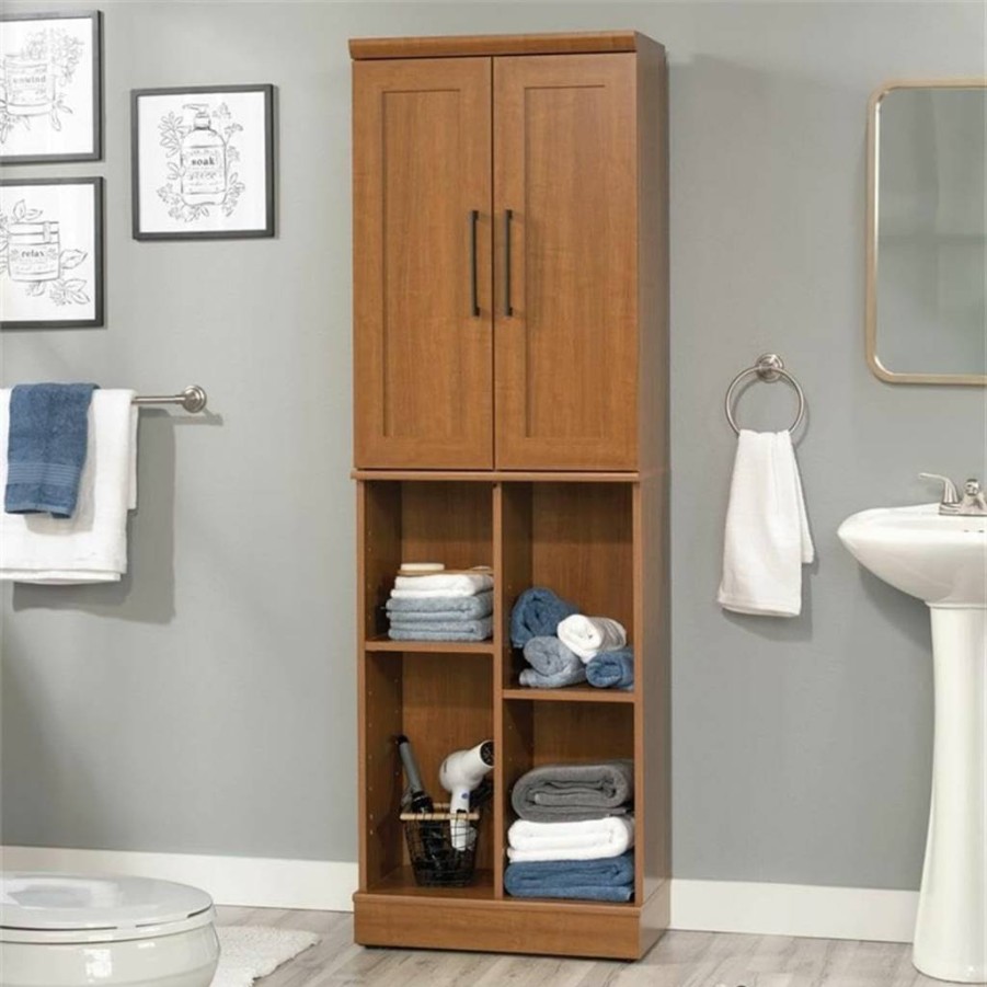 Sauder Sienna Oak Storage Cabinet with Adjustable Shelves - Multi-Purpose Organizer for Kitchen, Bathroom, Laundry & Pantry