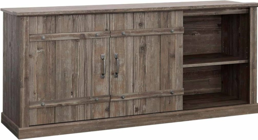 Sauder Farmhouse TV Stand for 70 Inch TVs, Rustic Raven Oak Finish Entertainment Center