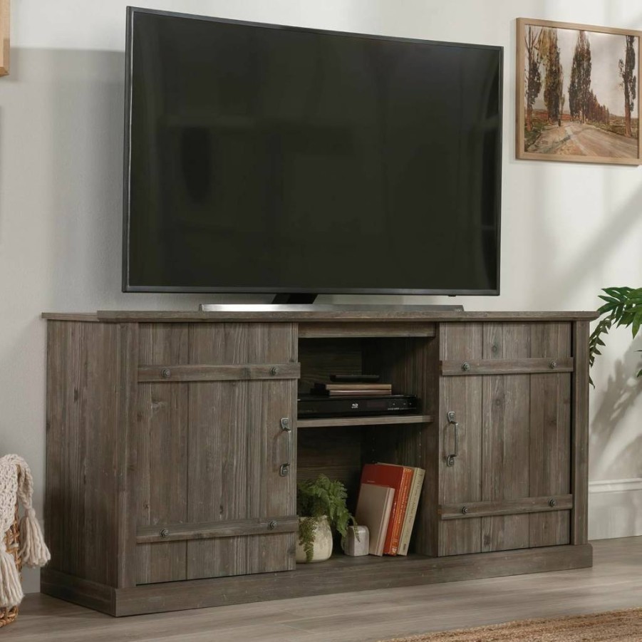Sauder Farmhouse TV Stand for 70 Inch TVs, Rustic Raven Oak Finish Entertainment Center