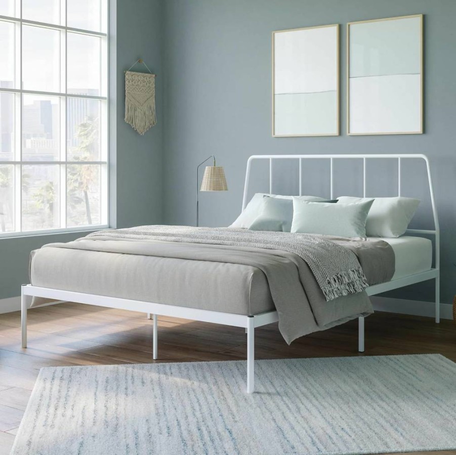 Sauder Harvey Park Queen Size Bed Frame with Headboard and Platform Base, White Finish, Modern Bedroom Furniture