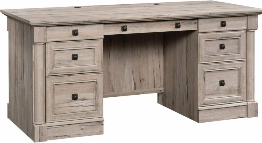 Sauder Palladia Executive Office Desk with File Cabinet, Keyboard Tray & Cable Management in Glacier Oak Finish
