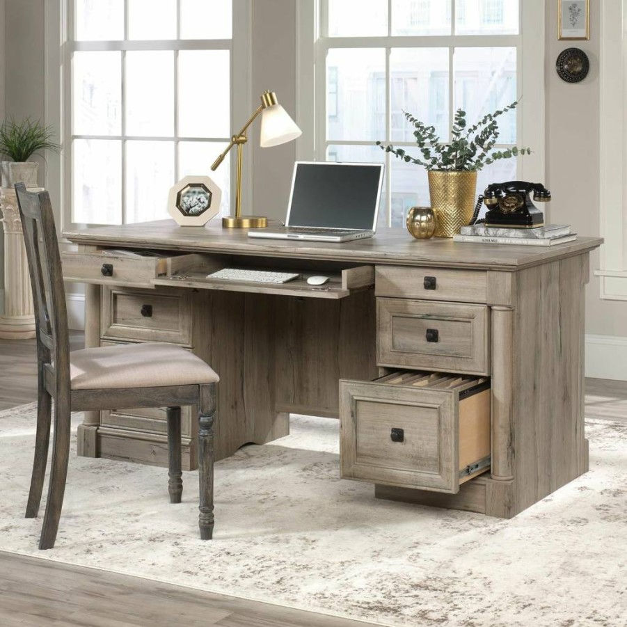 Sauder Palladia Executive Office Desk with File Cabinet, Keyboard Tray & Cable Management in Glacier Oak Finish
