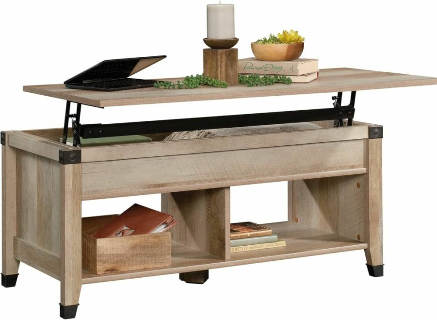 Sauder Carson Forge Rustic Lift-Top Coffee Table with Storage, Industrial Living Room Furniture, Lintel Oak Finish, 43.15" L x 19.45" W x 18.98" H