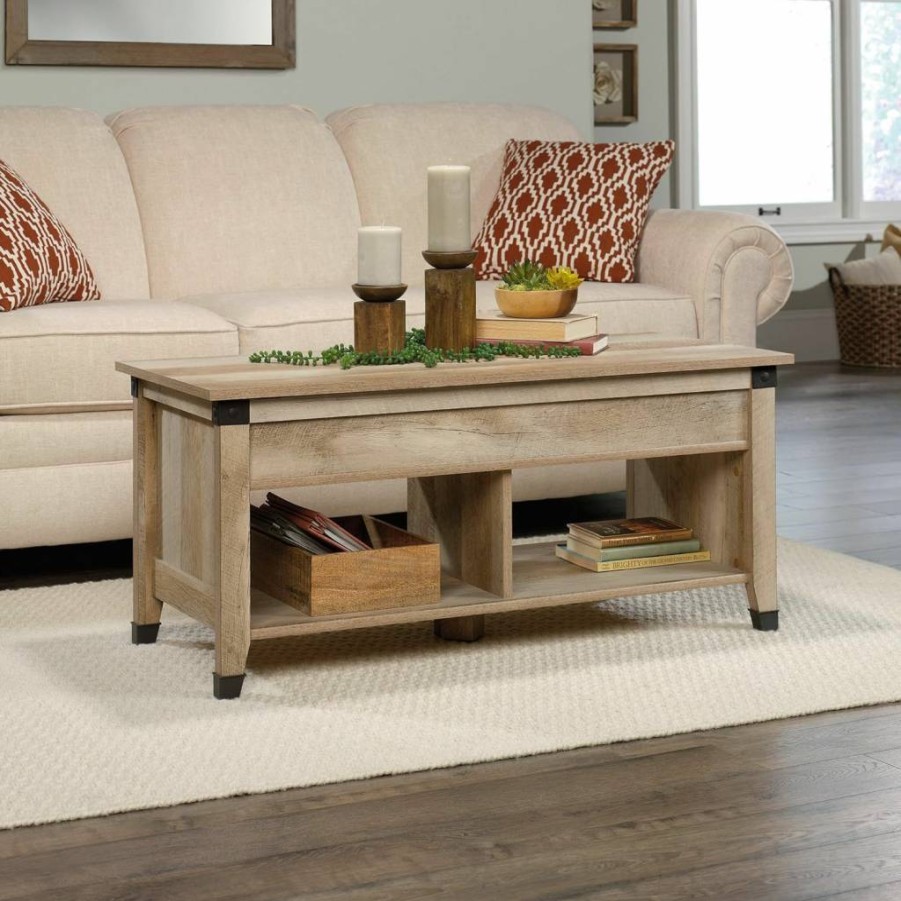 Sauder Carson Forge Rustic Lift-Top Coffee Table with Storage, Industrial Living Room Furniture, Lintel Oak Finish, 43.15" L x 19.45" W x 18.98" H