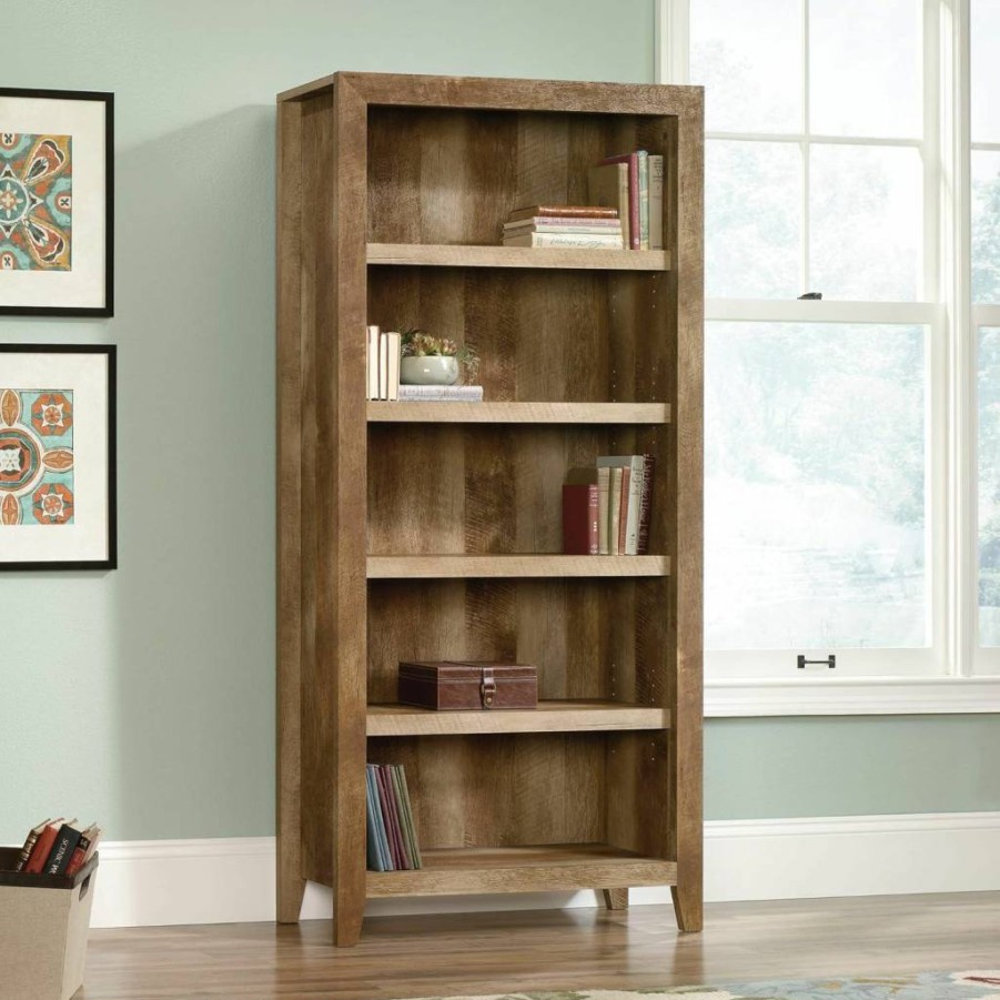Sauder Dakota Pass 5-Shelf Rustic Bookshelf in Craftsman Oak, 33.78" Wide x 12.52" Deep x 71.1" Tall, Wooden Bookcase for Home Office