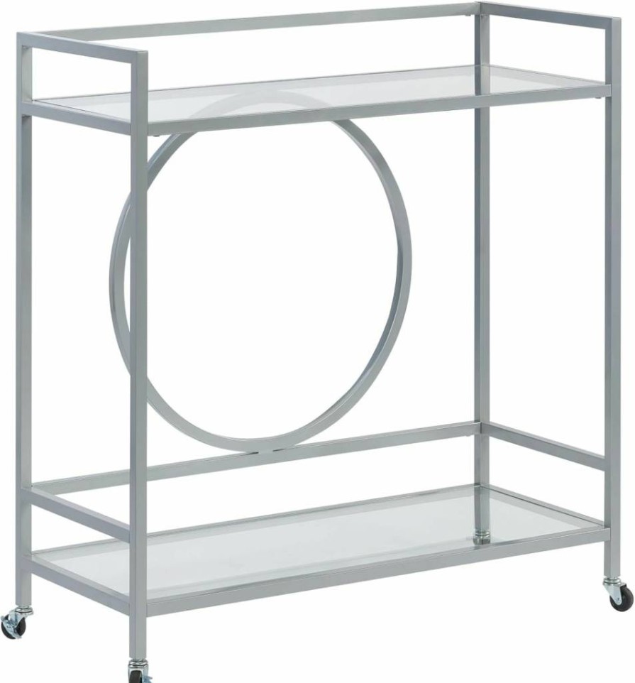 Sauder Lux Bar Cart with Silver Finish - Modern International Style Rolling Bar Cart