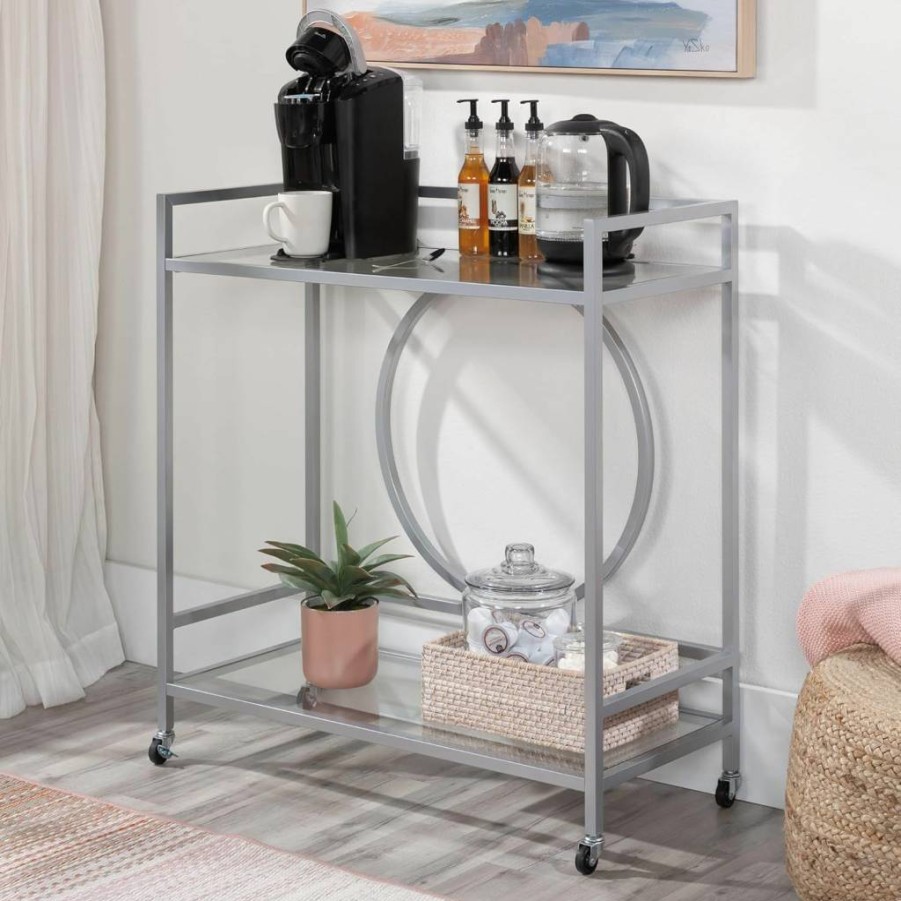 Sauder Lux Bar Cart with Silver Finish - Modern International Style Rolling Bar Cart