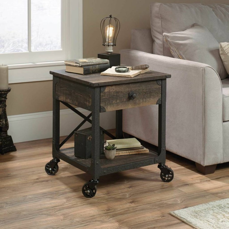 Sauder Carbon Oak Finish Steel River Side Table - 22.44" Length, 21.65" Width, 23.11" Height - Modern End Table for Living Room
