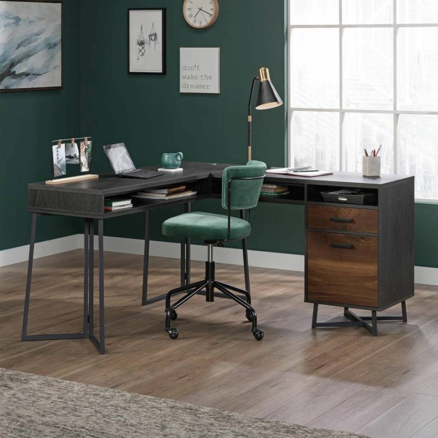 Sauder Canton Lane L-Shaped Desk in Brew Oak Finish - Stylish Home Office Furniture