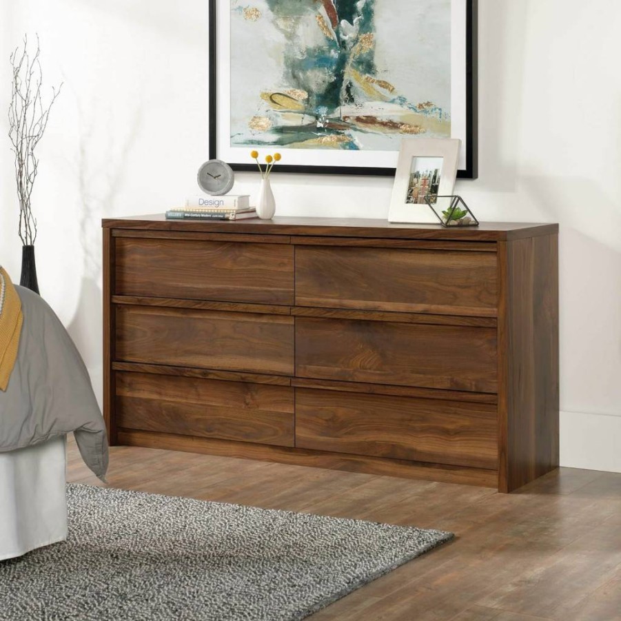 Sauder Harvey Park 6-Drawer Wooden Dresser for Bedroom, Grand Walnut Finish Chest of Drawers