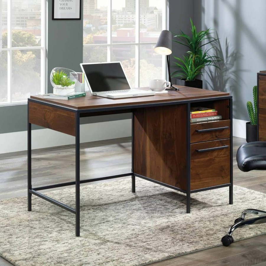 Sauder Nova Loft Single Pedestal Desk in Grand Walnut Finish, Modern Home Office Furniture