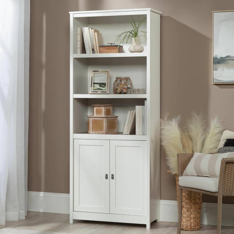Sauder Cottage Road Library Bookcase with Doors, Adjustable Shelves & Storage in Soft White Finish - Stylish Bookshelf for Home Office