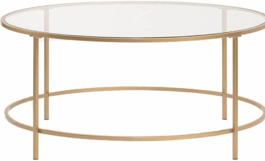 Sauder Round Modern Coffee Table with Satin Gold Frame - Sindoori Mango Finish, International Lux Design