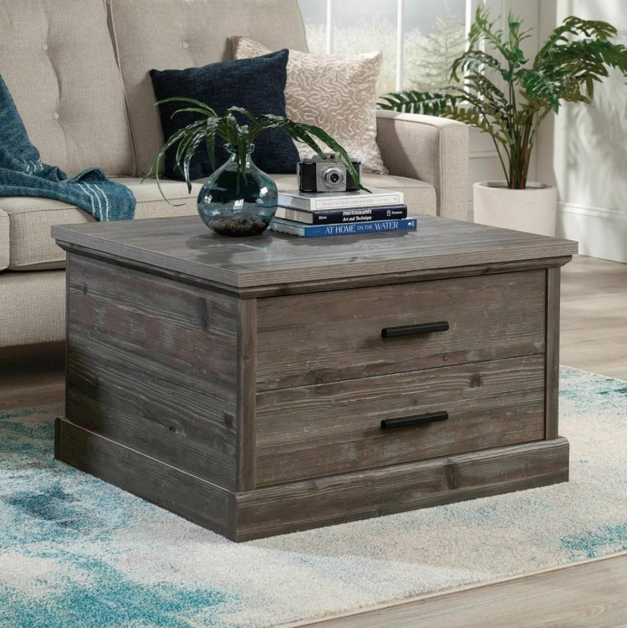 Sauder Aspen Post Coffee Table in Pebble Pine Finish - Modern Wooden Living Room Furniture