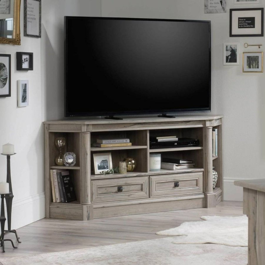 Sauder Palladia Corner TV Stand - Split Oak Entertainment Credenza for Living Room Storage