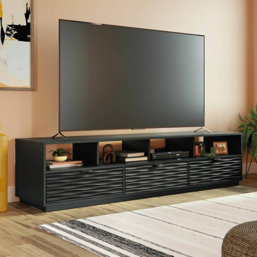 Sauder Morgan Main Credenza TV Stand for 80-Inch TVs, Black Finish, Modern Media Console with Storage