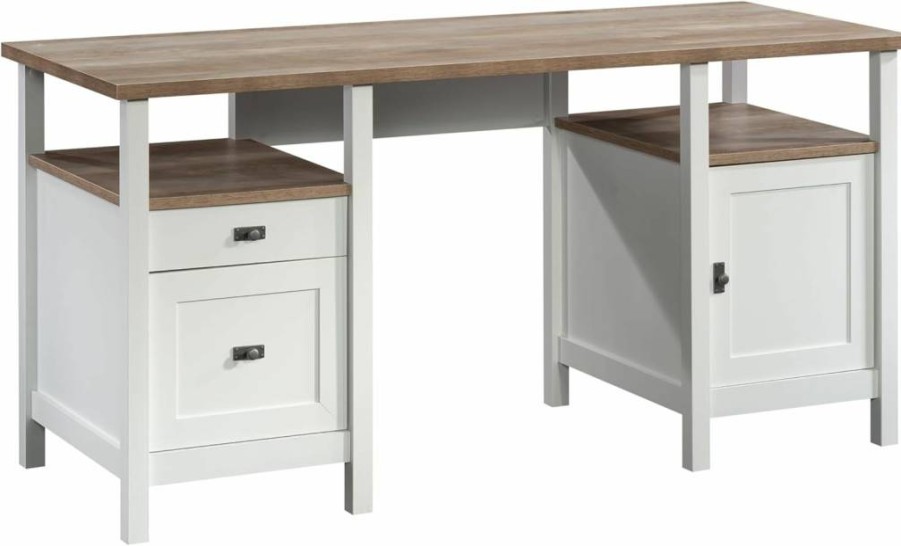 Sauder Cottage Road Home Office Desk with Drawers, File Cabinet & Storage Shelves, Soft White Finish, Compact Computer Writing Desk