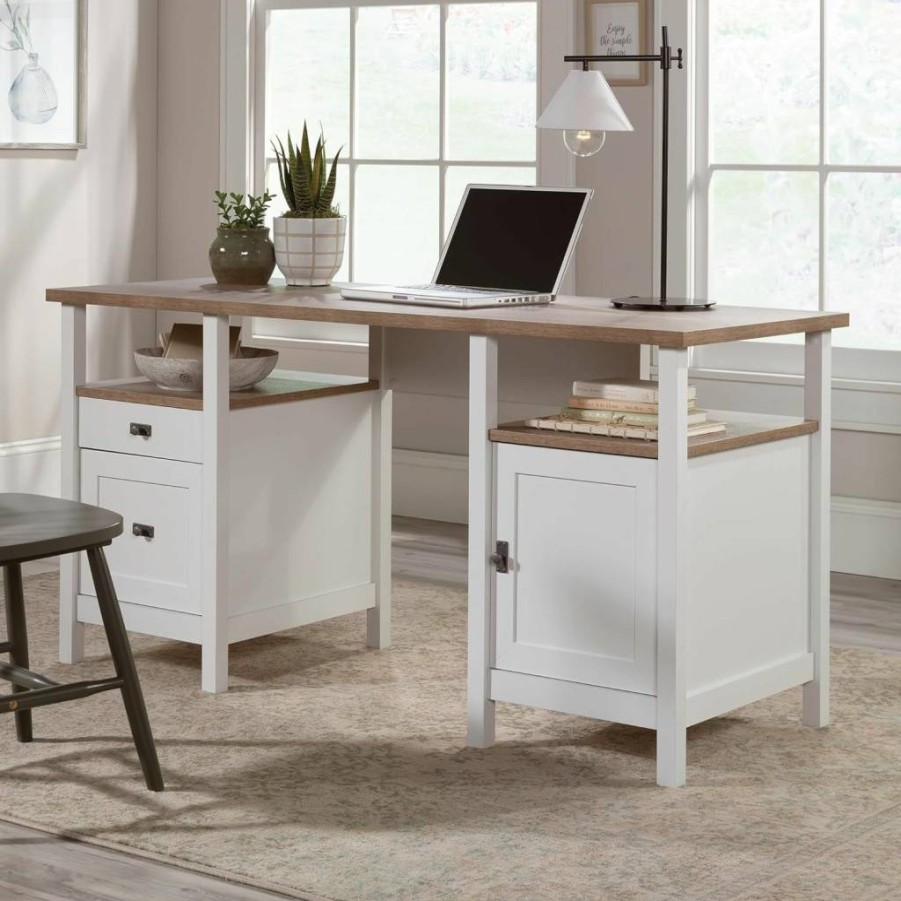 Sauder Cottage Road Home Office Desk with Drawers, File Cabinet & Storage Shelves, Soft White Finish, Compact Computer Writing Desk
