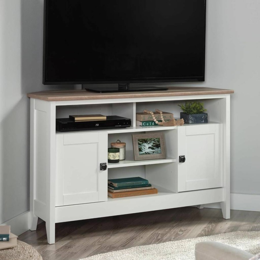 Sauder August Hill 50" Corner TV Stand with Storage, Soft White Finish for Living Room & Entertainment Centers