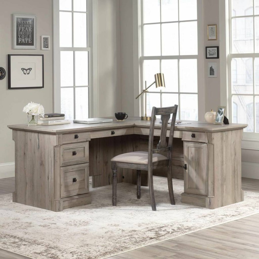 Sauder Palladia L-Shaped Office Desk with File Cabinet, Keyboard Tray & Cable Management - Vintage Oak Finish