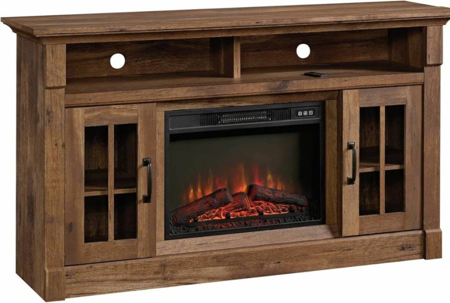 Sauder Vintage Oak Fireplace Credenza TV Stand, 60"W x 16.73"D x 35.04"H, Rustic Storage Cabinet for Living Room