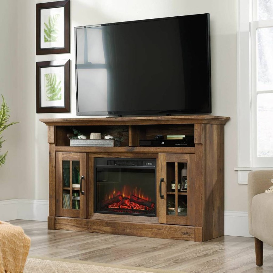 Sauder Vintage Oak Fireplace Credenza TV Stand, 60"W x 16.73"D x 35.04"H, Rustic Storage Cabinet for Living Room