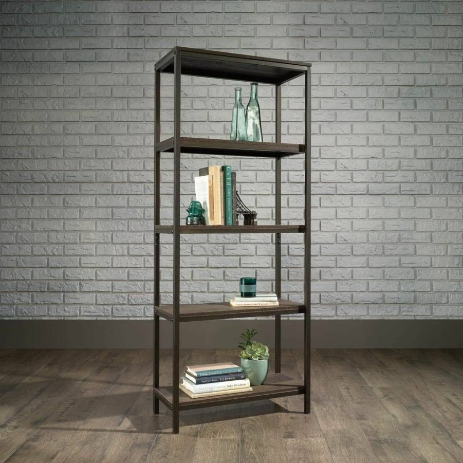 Sauder North Avenue Tall Bookcase - 56.77" Height, Smoked Oak Finish, 23.47" Width, Bookshelf for Home & Office Storage