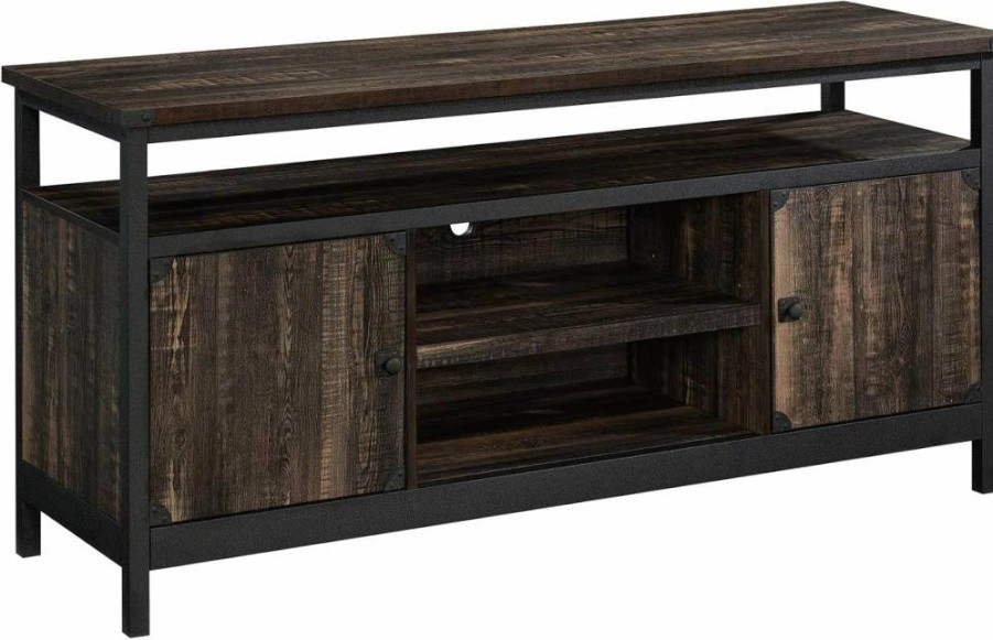 Sauder Carbon Oak TV Stand for 65" TVs - Industrial Steel River Credenza with Wood Doors